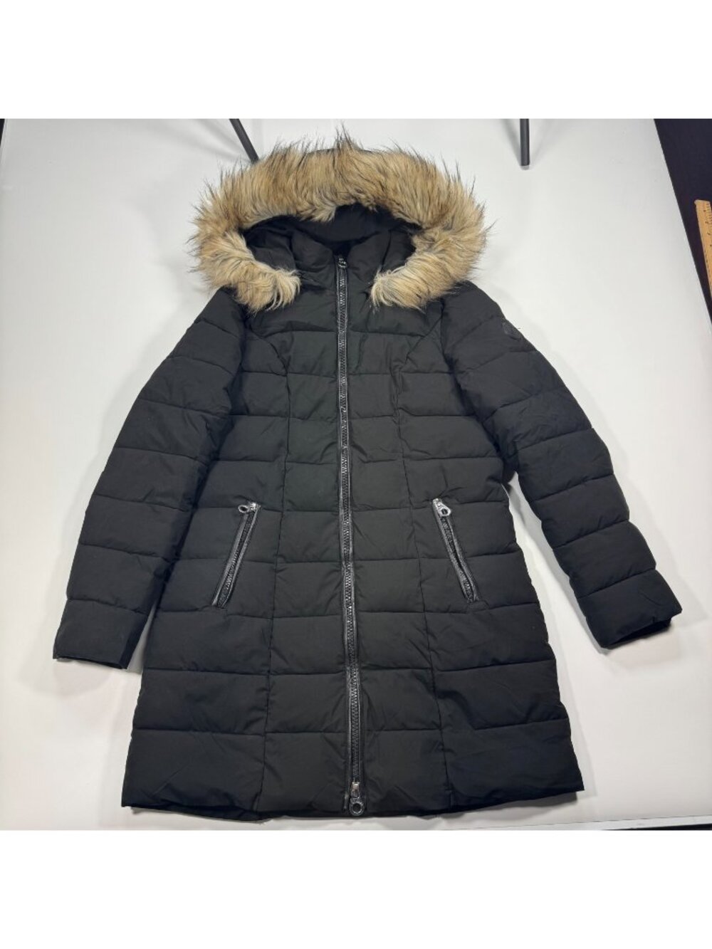 Laundry by Shelli Segal Puffer Coat Women M Black Polyester Faux-Fur Trim Hooded